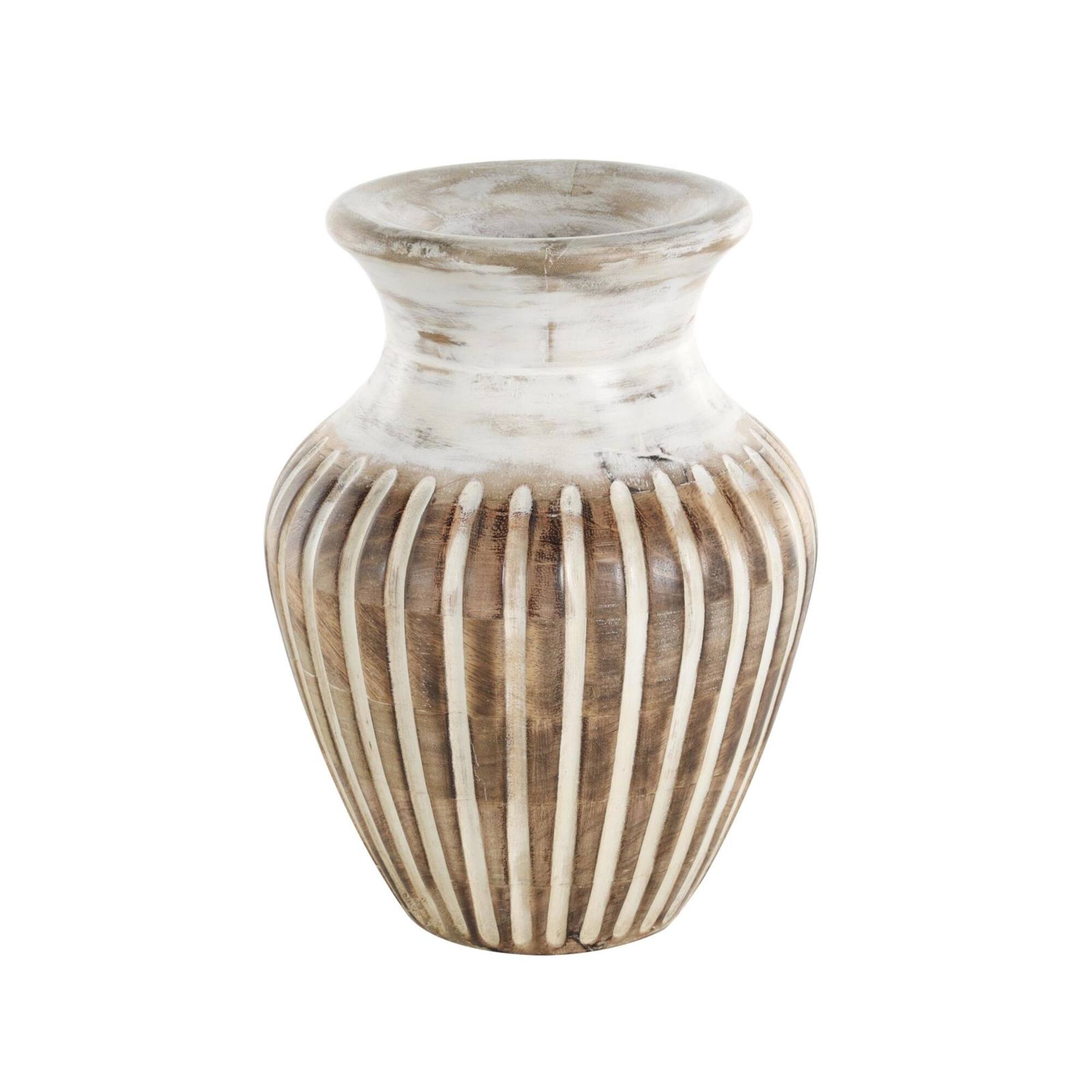 11" Brown Mango Wood Vase with Carved Grooves